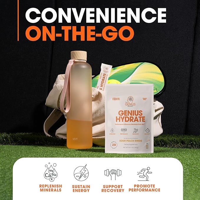 The Genius Brand Genius Hydrate - Electrolyte Supplement for Daily Hydration - Coconut Water - Sugar-Free - 8 Essential Minerals & Nutrients - Non-GMO - Sour Peach Rings - 20 Servings