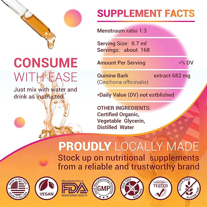 Quinine Liquid Extract 4oz – Restless Legs Syndrome Relief & Leg Cramps PM Nighttime Cramp Relief – All-Natural Cinchona Officinalis Bark Tincture for Cramp Defense, Digestive Health & Immune Support