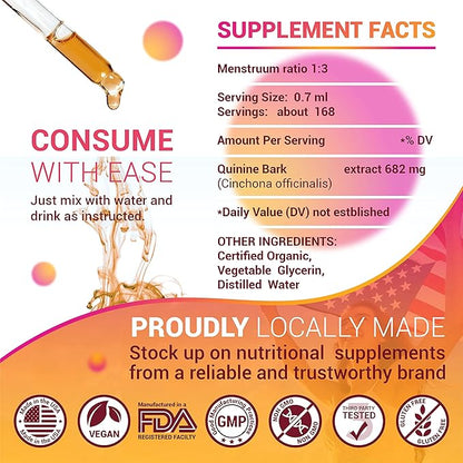 Quinine Liquid Extract 4oz – Restless Legs Syndrome Relief & Leg Cramps PM Nighttime Cramp Relief – All-Natural Cinchona Officinalis Bark Tincture for Cramp Defense, Digestive Health & Immune Support