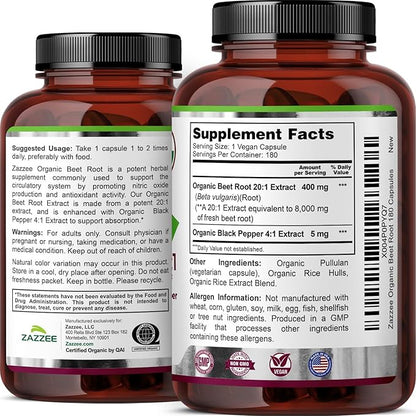 Zazzee USDA Organic Beet Root 8000 mg Strength 20:1 Extract, 180 Vegan Quick Release Capsules, Black Pepper Extract for Enhanced Absorption, Supports Nitric Oxide Production, Non-GMO, Made in The USA