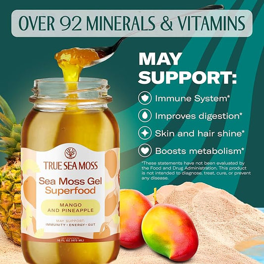 TrueSeaMoss Sea Moss Gel – Made in USA – Wildcrafted Seamoss, Fresh Fruits & Sea Vegetables – Mango/Pineapple, Pack of 2 (Labels may Vary)