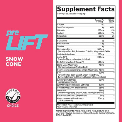 Rule 1 preLIFT Pre-Workout, 6g Citrulline, 3.2g Beta Alanine, 3 Caffeine Sources + 20 Others for Energy, Alertness, & Endurance (30 Servings, Snow Cone)
