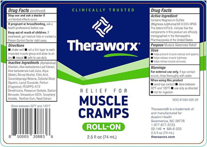 Theraworx Relief for Muscle Cramps Roll-On Fast-Acting Muscle Spasm, Leg Soreness with Magnesium Sulfate - 2.5 oz - 1 Count