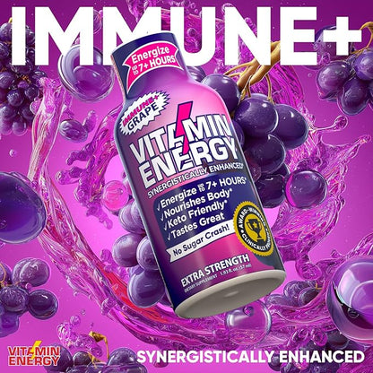 Vitamin Energy Immune+ Extra Strength Energy Shot Grape 24 Pack, 260mg Natural Caffeine, B-Vitamins, Citicoline, Green Tea, Immunity & Focus Support, Zero Sugar, Gluten-Free 1.93 fl oz