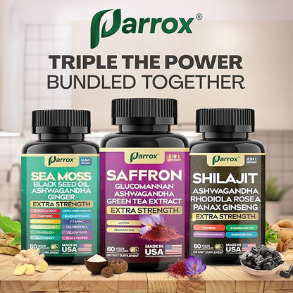Vision Vitality Trio - Sea Moss, Black Seed Oil, Ashwagandha, Burdock Root, Saffron, Lutein, Zeaxanthin, Glucomannan, Green Tea Extract, Panax Ginseng, Ginkgo Biloba, Rhodiola Rosea, Turmeric