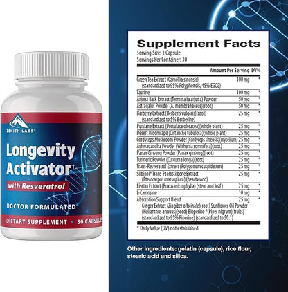 Zenith Labs Longevity Activator Anti-Aging Supplement Dietary Supplement, Natural Antioxidants with Resveratrol - Supports Immune Function and Healthy Memory, 3 Pack
