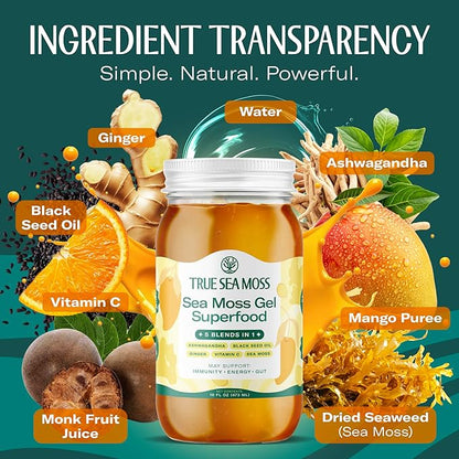 TrueSeaMoss Sea Moss Gel – Made in USA – 5-in-1 Formula – Wildcrafted Seamoss, Ashwagandha & Sea Vegetables – Ashwagandha, Pack of 1 (Labels May Vary)
