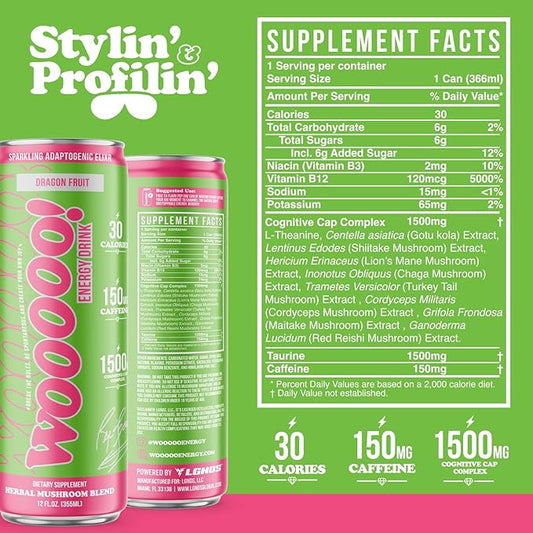 Wooooo! Energy Ric Flair Sparkling Adaptogenic Mushroom Energy Drink | Natural Antioxidants & Nootropics | Lion’s Mane & Cordyceps | 150mg Caffeine | 12 Pack (Dragon Fruit)