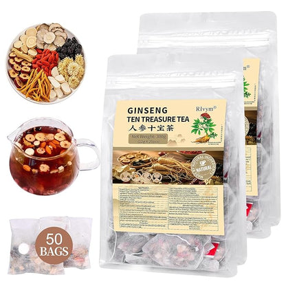 50Pcs Ginseng Ten Treasures Tea, Chinese Traditional Kidney Care Herbal Tea, Natural Kidney Cleanse Detox Tea for Women & Men, 10 Precious Ingredients Formula(50Bags, 600g)