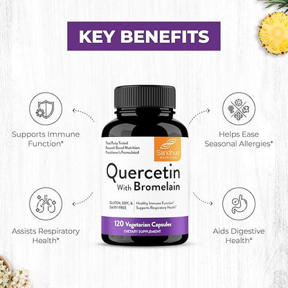 Sandhu's Quercetin with Bromelain Vegetarian Capsules Supplements 120 Count (Pack of 1) | Bioflavonoids for Immune Support & Respiratory Health, Seasonal Allergy Support | Quercitin for Men and Women
