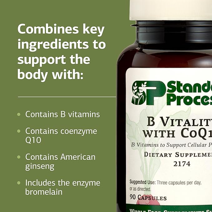 Standard Process B Vitality with Coq10 - Cellular Health Supplement with Biotin, Vitamin B12 & Folate - Vegan, Gluten-Free & Non-Dairy - 90 Capsules (30 Servings)