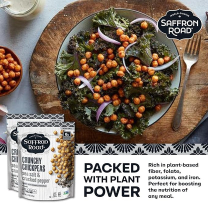Saffron Road Roasted and Crunchy Sea Salt and Cracked Pepper Chickpeas | High Protein Snacks | Gluten-free, Vegan, Non-GMO, and Certified Halal and Kosher | 5.4oz Pouch | Pack of 6