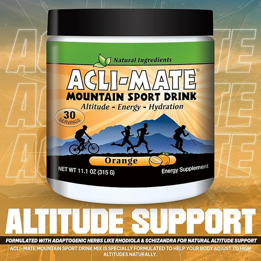 Acli-Mate Mountain Sport Drink Mix - Energy Powder Supplement - High Altitude Acclimatization Hydration - Recovery Drink for Running, Cycling, Hiking, Workout, Skiing, Travel & More - 1 Tub (Orange)