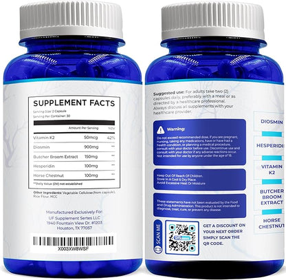 We Like Vitamins Vein Vitality 1250mg Diosmin Hesperidin Complex for Varicose Veins Treatment, Horse Chestnut, Butchers Broom, Bioflavonoids - Supports Blood Circulation for Leg Veins- 60 Capsules