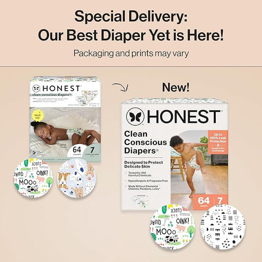 The Honest Company Clean Conscious Diapers for Delicate Skin | Up to 100% Leakproof | Hypoallergenic, Fragrance Free | Gender Neutral | Super Club Box, Size 7 (41+ lbs), 64 Count (Prints May Vary)