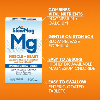 SlowMag Muscle + Heart Magnesium Chloride with Calcium Supplement to Support Muscle Relaxation, Occasional Muscle Cramping & Heart Health, High Absorption, 120 Count