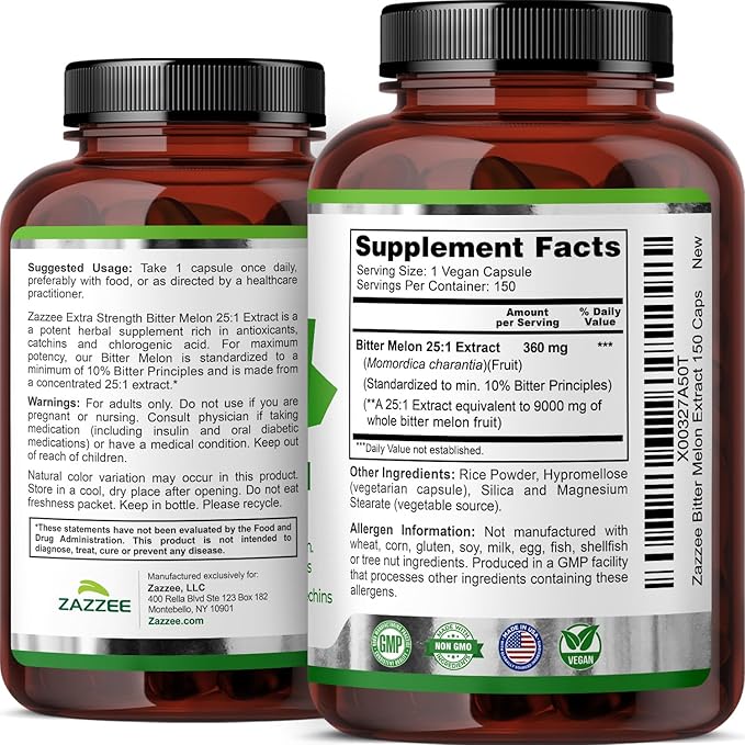 Zazzee Extra Strength Bitter Melon 25:1 Extract, 9000 mg Strength, 10% Bitter Principles, 150 Vegan Capsules, Standardized and Concentrated 25X Extract, 100% Vegetarian, All-Natural and Non-GMO