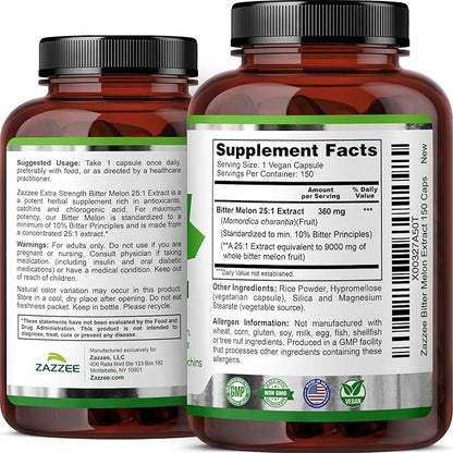 Zazzee Extra Strength Bitter Melon 25:1 Extract, 9000 mg Strength, 10% Bitter Principles, 150 Vegan Capsules, Standardized and Concentrated 25X Extract, 100% Vegetarian, All-Natural and Non-GMO
