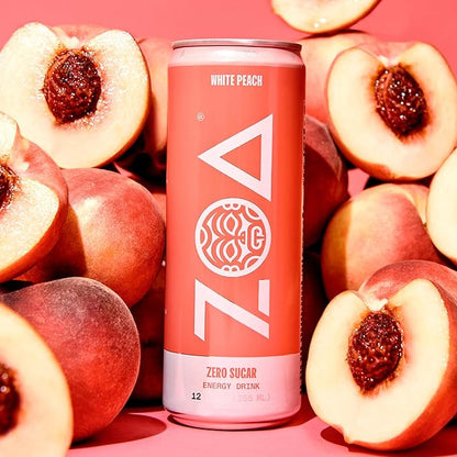 ZOA Zero Sugar Energy Drinks, White Peach - Sugar Free with Electrolytes, Healthy Vitamin C, Amino Acids, Essential B-Vitamins, and Caffeine from Green Tea - 12 Fl Oz (12-Pack)