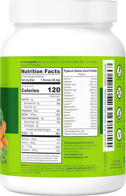 NATURELO Plant Protein Powder, Vanilla, 22g Protein - Non-GMO, Vegan, No Gluten, Dairy, or Soy - No Artificial Flavors, Synthetic Coloring, Preservatives, or Additives - 20 Servings