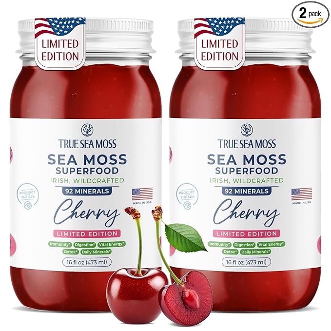 TrueSeaMoss Sea Moss Gel – Limited Edition – Made in USA – Wildcrafted Seamoss, Fresh Fruits & Sea Vegetables – Cherry, Pack of 2 (Labels May Vary)