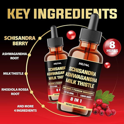 8in1 Schisandra Berry Drops with Milk Thistle, Ashwagandha, Rhodiola Rosea, Holy Basil, Artichoke, Dandelion Root & Turmeric Curcumin - 2 Fl Oz for 2 Month Supply