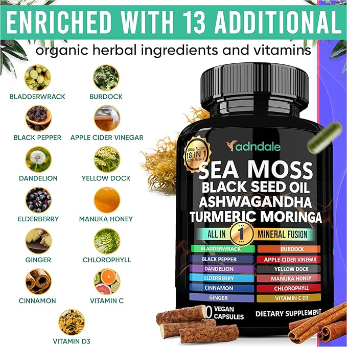 Adndale Sea Moss Black Seed Oil Ashwagandha Ginger Capsules, Sea Moss Capsules with Black Seed Oil, Ashwagandha, Turmeric, Moringa, Bladderwrack, Burdock Root, Manuka Honey, Cinnamon, 180 Count