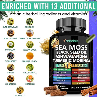 Adndale Sea Moss Black Seed Oil Ashwagandha Ginger Capsules, Sea Moss Capsules with Black Seed Oil, Ashwagandha, Turmeric, Moringa, Bladderwrack, Burdock Root, Manuka Honey, Cinnamon, 180 Count