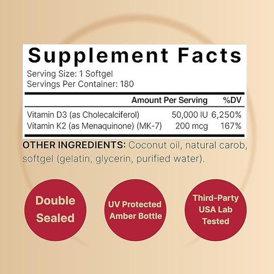 NatureBell Vitamin D3 50,000 IU + K2 200 mcg, 180 Softgels | Once-Weekly Formula with Coconut Oil | Max Strength Bone, Heart & Immune Support | MK-7 Form | Non-GMO