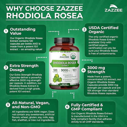 Zazzee USDA Organic Rhodiola 10:1 Exract, 3000 mg Strength, 120 Capsules, 4 Month Supply, Standardized and Concentrated 10X Extract, 100% Vegetarian, Extra Strength, All-Natural and Non-GMO