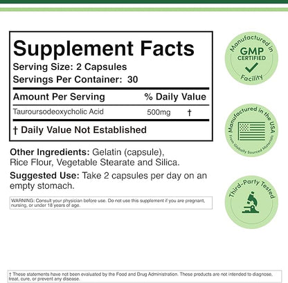 TUDCA Bile Salts Liver Support Supplement, 500mg Servings, Liver and Gallbladder Cleanse Supplement (60 Capsules, 250mg) Genuine Bile Acid TUDCA with Strong Bitter Taste by Double Wood