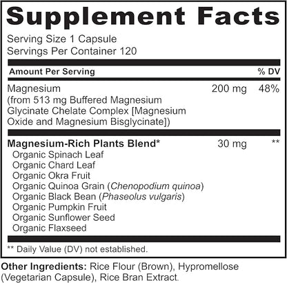 NATURELO Magnesium Glycinate Chelate Complex - 200 mg Magnesium with Organic Vegetables to Support Sleep, Calm, Muscle Cramp & Stress Relief - Gluten Free, Non GMO - 120 Capsules