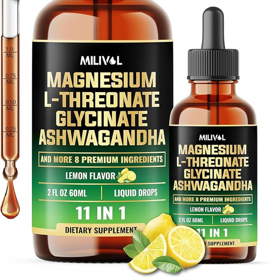 10in1 Magnesium L-Threonate Liquid Drops with Magnesium Glycinate, Ashwagandha, Vitamin D3, C, B6 & 4 Other Ingredients - 2 Fl Oz - Lemon Flavor