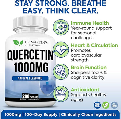 1000mg Quercetin - 200 Capsules | Immune Support, Antioxidant for Seasonal Sinus Relief & Cardiovascular Health | Maintains Inflammatory & Immune Responses | Men & Women