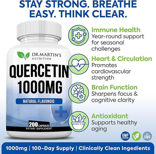 1000mg Quercetin - 200 Capsules | Immune Support, Antioxidant for Seasonal Sinus Relief & Cardiovascular Health | Maintains Inflammatory & Immune Responses | Men & Women