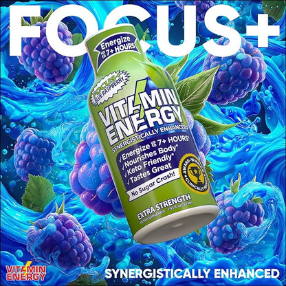 Vitamin Energy Focus+ Extra Strength Energy Shot Blue Raspberry 48 Pack, 260mg Natural Caffeine, B-Vitamins, CoQ10, Amino Acids, Focus, Productivity & Clarity, Zero Sugar, Gluten-Free, 1.93 fl oz