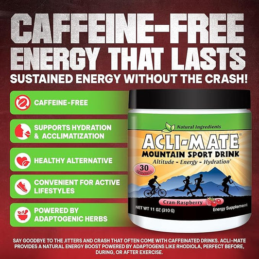 Acli-Mate Mountain Sport Drink Mix - Energy Powder Supplement - High Altitude Acclimatization Hydration - Recovery Drink for Running, Cycling, Hiking, Workout, Travel & More - 1 Tub (CranRaspeberry)
