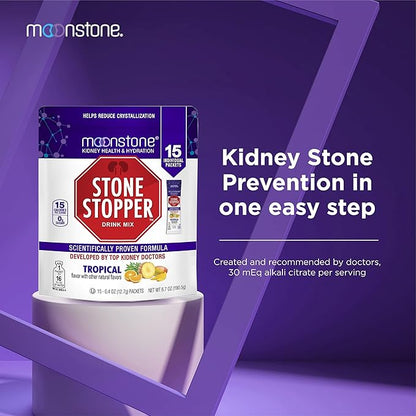 Stone Stopper Drink Mix, Tropical, Kidney Stone Prevention, Calcium Oxalate Protector, Developed by Urologists to Improve Hydration and Support Kidney Health, 15 Day Supply
