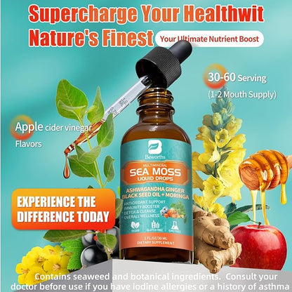 2PACK Sea Moss Drops - Irish Sea Moss Chlorophyll Liquid with Black Seed Oil, Ashwagandha, Moringa, Turmeric, Elderberry, Mullein, Seamoss Gel Supplement for Lung Cleaner, Detox & Gut, Immune Support