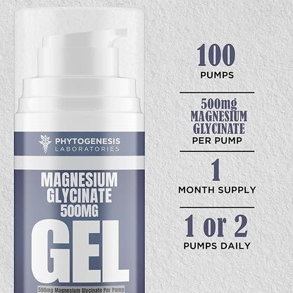 Topical Magnesium Glycinate Gel – 500mg Per Pump – High Absorption Transdermal Formula – Soothes Muscles - Supports Relaxation & Sleep – 4oz