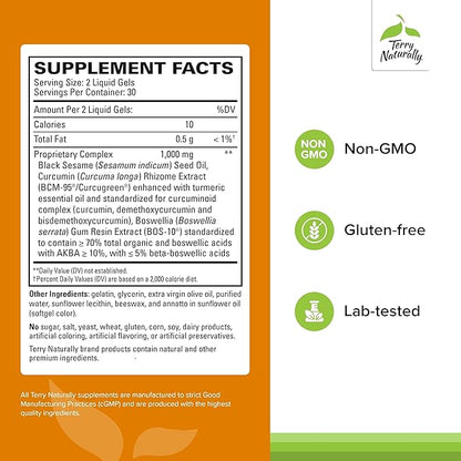 Terry Naturally CuraMed Acute Pain Relief - Supplement with BCM-95 Curcumin & BOS-10 Boswellia - Black Sesame Seed Oil to Support Relief of Occasional Discomfort - 60 Liquid Gels