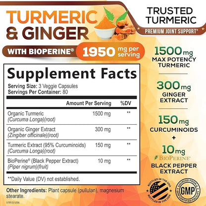 Turmeric Curcumin Supplement 1950mg - 95% Curcuminoids with Organic Turmeric & Ginger, BioPerine Black Pepper for Best Absorption, Nature's Vegan Joint Support, Non-GMO, Bottled in USA - 240 Capsules