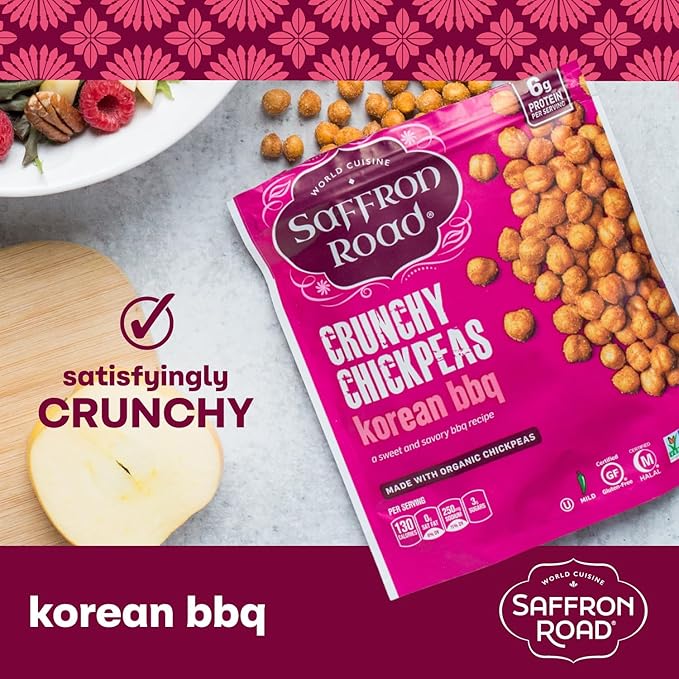 Saffron Road Roasted and Crunchy Korean BBQ Chickpeas | High Protein Snacks | Gluten-free, Vegan, Non-GMO, and Certified Halal and Kosher | 5.4oz Pouch | Pack of 6