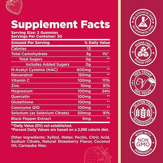 (2 Pack) NAC Gummies 600mg, N Acetyl Cysteine Supplement with Glutathione, Resveratrol, Magnesium, CoQ10, NAC Chewable for Antioxidants & Immune Support, Strawberry Flavor 120 Gummies