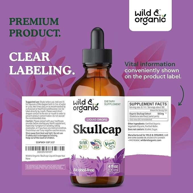 Wild & Organic Skullcap Herb Tincture - Skullcap Supplement for Mood Support - Relaxing Liquid Extract Drops - Vegan, Sugar & Alcohol-Free - 4 fl oz