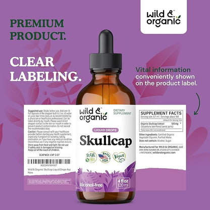 Wild & Organic Skullcap Herb Tincture - Skullcap Supplement for Mood Support - Relaxing Liquid Extract Drops - Vegan, Sugar & Alcohol-Free - 4 fl oz