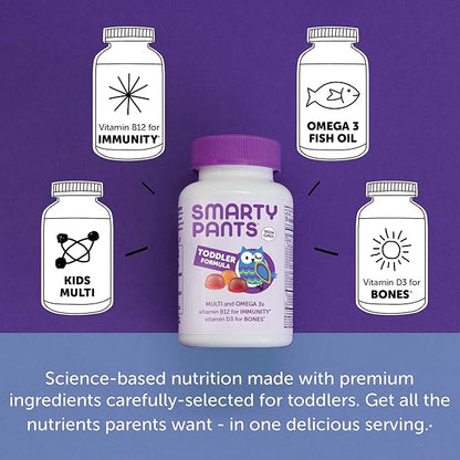 SmartyPants Toddler Multivitamin Gummies: Omega 3 Fish Oil (EPA/DHA), Vitamin D3, C, Vitamin B12, B6, A, K & Zinc, Biotin, Beta Carotene, Gluten Free, Three Fruit Flavors, 180 Count (60 Day Supply)