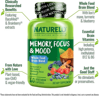 NATURELO Whole Food Brain Supplement - Brain Health Supplements for Memory & Focus Support - Enhance Brain Health Blend Supplement for Adults - 60 Vegetarian Capsules