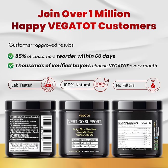 VEGATOT Vertigo Supplement *USA Made and Tested* Inner Ear Supplement with Ginkgo Biloba Lion's Mane Lemon Balm Ginger VIT B1, B6, B12- for Dizziness Spinning Inner Ear Balance