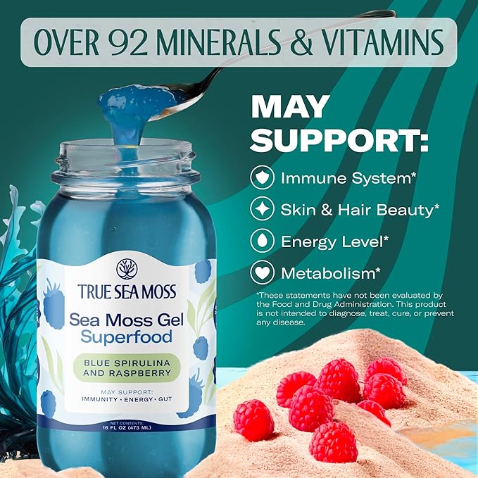 TrueSeaMoss Sea Moss Gel – Made in USA – Wildcrafted Seamoss, Fresh Fruits & Sea Vegetables – Blue Spirulina, Pack of 1 (Labels may Vary)
